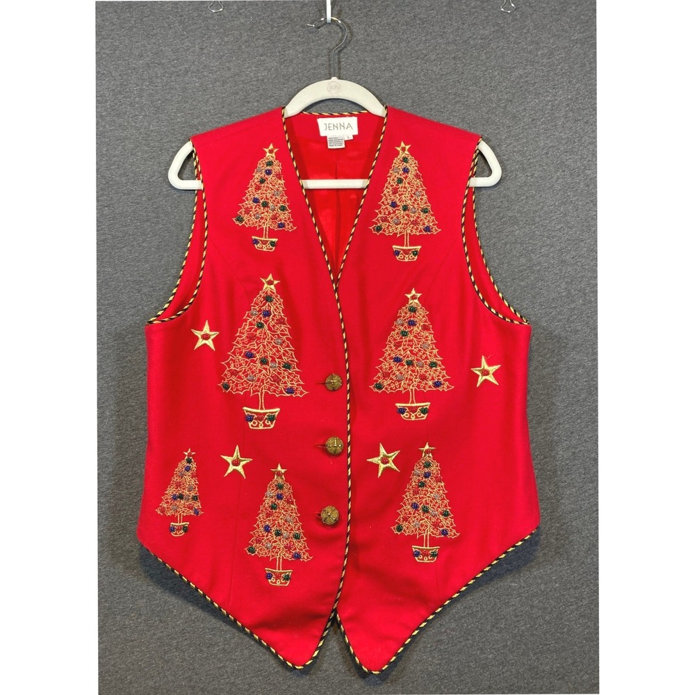 Jenna Womens‎ Red Wool Christmas Tree Beaded Embroidered Vest Size Large Vintage